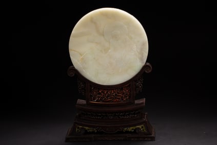 Red Sandalwood Inlaid Jade Carved Dragon and Arhat Pattern Table Plaque