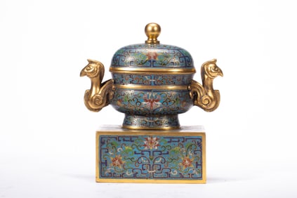 Bronze Cloisonne Carved Flower Pattern Double Phoenix Ears Incense Burner
