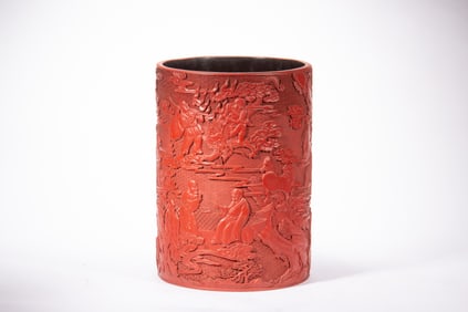 Lacquerware Red Carved Arhat Story Pattern Brush Pot
