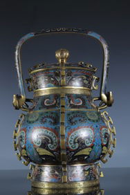 Bronze Cloisonne Carved Beast Face Pattern Handle Pot