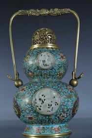 Bronze Cloisonne Inlaid Jade Carved Flower and Bird Pattern Handle Pot