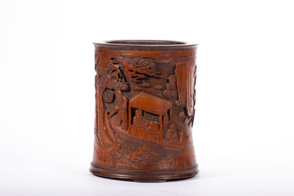 Bamboo Carved Pine Tree and Character Story Pattern Brush Pot