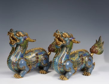 Pair of Bronze Cloisonne Carved Kirin Shape Figure