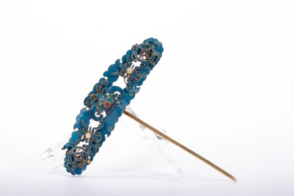 Gilt Silver Inlaid Blue Feather and Gem Stone Carved Butterfly and Shou Pattern Hairpin