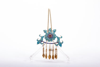 Gilt Silver Inlaid Blue Feather and Gem Stone Carved Flower Pattern Hairpin