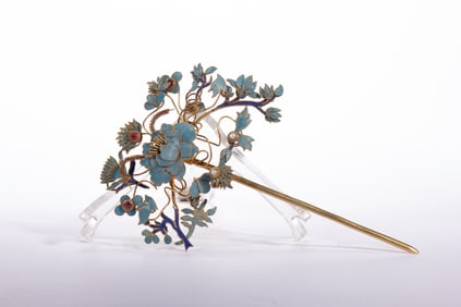 Gilt Silver Inlaid Blue Feather and Gem Stone Carved Flower Pattern Hairpin