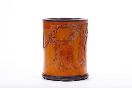 Bamboo Carved Pine Tree and Character Story Pattern Brush Pot