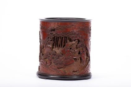 Bamboo Carved Pine Tree and Character Story Pattern Brush Pot