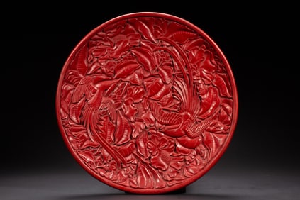 Lacquerware Red Carved Flower and Bird Pattern Plate
