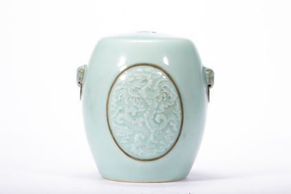 Bean Green Glazed Carved Dragon Pattern Porcelain Stool