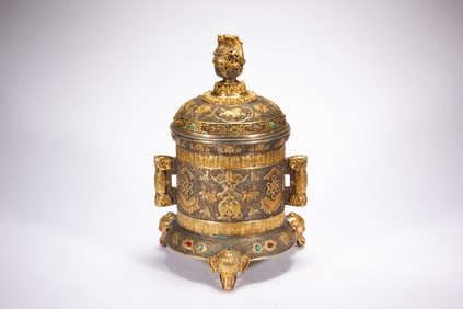 Gilt Bronze Inlaid Gem Stone Carved Flower and Beast Pattern Incense Burner