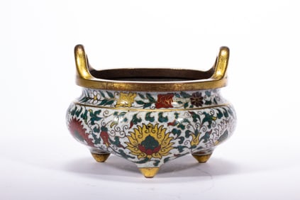 Bronze Cloisonne Carved Flower Pattern Double Ears Incense Burner