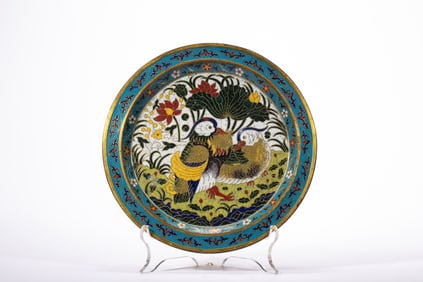 Bronze Cloisonne Carved Lotus Flower and Quail Pattern Plate