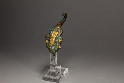 Chinese Bronze Gold and Silver Inlaid Carved Dragon Shape Belt Hook