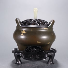 Bronze Sprinkling Gold Double Ears Incense Burner and Jade Carved Flower Shape Lid