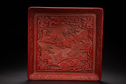 Lacquerware Red Carved Landscape and Character Story Pattern Plate