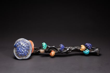 Red Sandalwood Inlaid Lapis and Turquoise Carved Reishi Mushroom Pattern RuYi Ornament