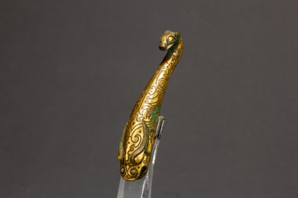 Chinese Bronze Gold and Silver Inlaid Carved Dragon Shape Belt Hook
