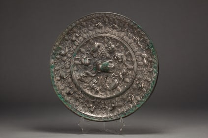 Chinese Bronze Carved Beast and Flower Pattern Mirror