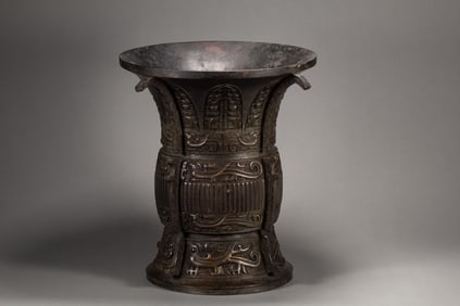 Chinese Bronze Carved Beast Face and Phoenix Pattern Zun