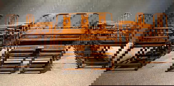 Group of Twelve Huanghuali Wood Carved Dragon Pattern Chair and Table