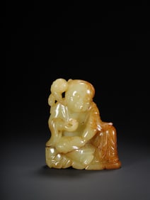 Jade Carved Liuhai Playing with Toad Ornament