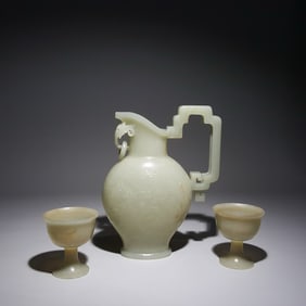 Group of Three Jade Carved Dragon Pattern Pot and Cup