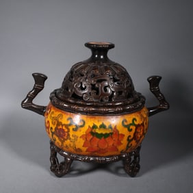 Bronze Cloisonne Carved Flower Pattern Double Ears Incense Burner