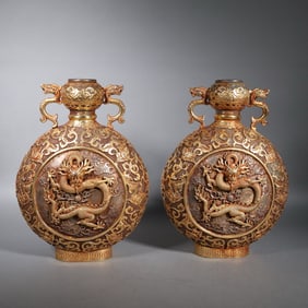 Pair of Gilt Bronze Carved Dragon Pattern Pot