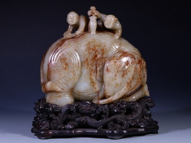 Jade Carved Child and Elephant Shape Ornament