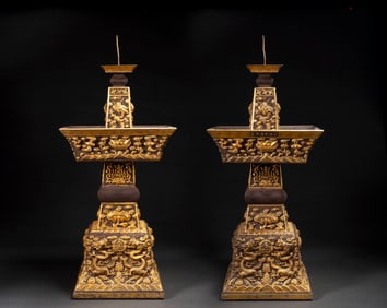Pair of Gilt Silver Carved Dragon and Shou Pattern Candlestick