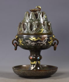 Jade Gold and Silver Inlaid Carved Dragon Pattern Incense Burner