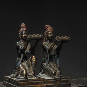 Pair of Bronze Carved Beauty Shape Candlestick