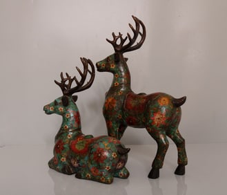 Pair of Bronze Cloisonne Carved Flower Pattern Deer Shape Figure