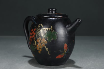 Purple Clay Colour Painted Flower with Butterfly Pattern Teapot