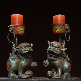 Pair of Bronze Cloisonne Carved Flower Pattern Lion Shape Candlestick