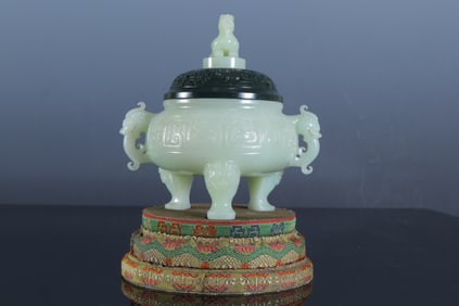 Jade Carved Beast Face Pattern Double Dragon Ears Incense Burner