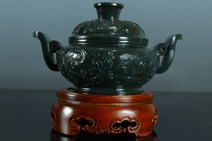 Jasper Jade Carved Flower Pattern Double Ears Incense Burner