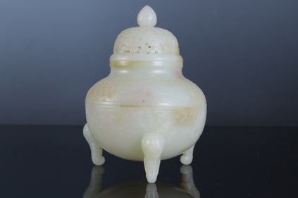 Jade Carved Flower and Dragon Pattern Incense Burner