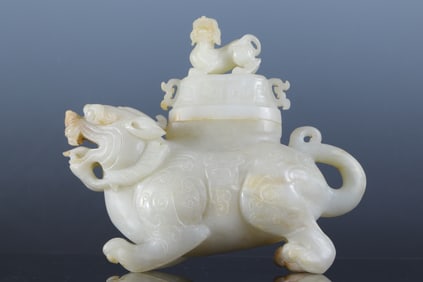 Jade Carved Cloud Pattern Beast Shape Incense Burner