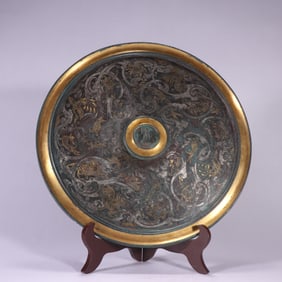 Chinese Bronze Gold and Silver Inlaid Carved Beast Pattern Mirror