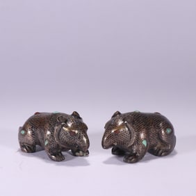 Pair of Bronze Gold and Silver Inlaid Carved Bear Shape Ornament