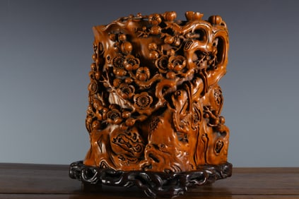 Huanghuali Wood Carved Plum Flower Pattern Brush Pot