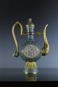 Bronze Cloisonne Inlaid Jade Carved Flower and Bird Pattern Pot