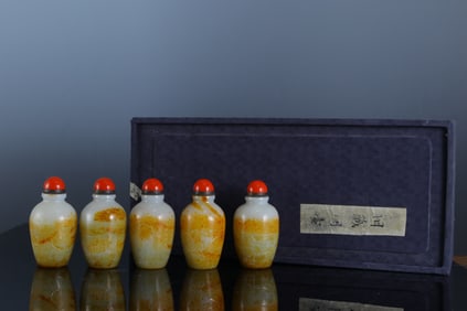 Group of Five Jade Carved Ox Pattern Snuff Bottle