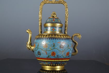 Bronze Cloisonne Carved Flower Pattern Handle Pot