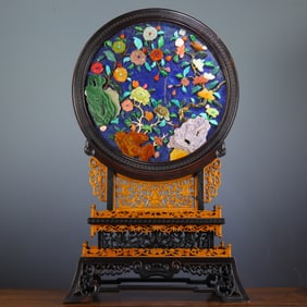 Red Sandalwood Multi GemStone Inlaid Carved Flower Pattern Table Plaque