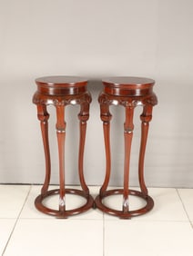 Pair of Huanghuali Wood Carved Reishi Mushroom Pattern Circle Table