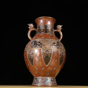 Bronze Sprinkling Gold Carved Beast Face Pattern Double Bird Ears Vase