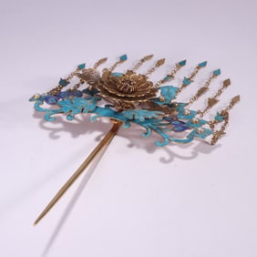 Gilt Silver Blue Feather Inlaid Carved Phoenix Pattern Hairpin